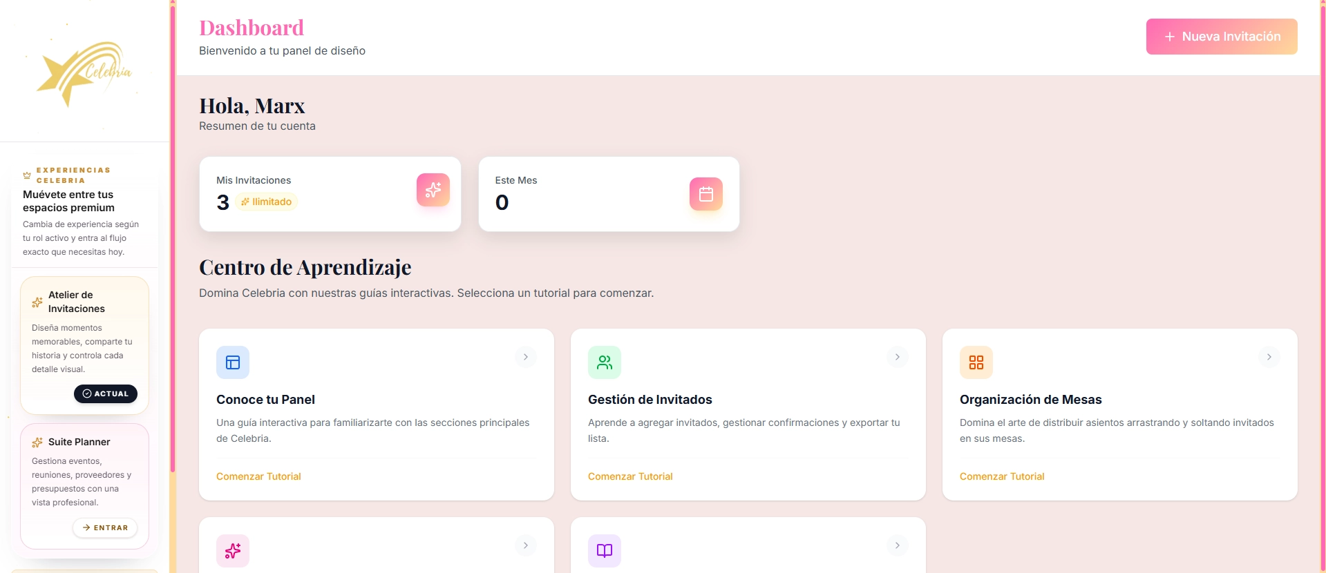 Dashboard principal de Celebria